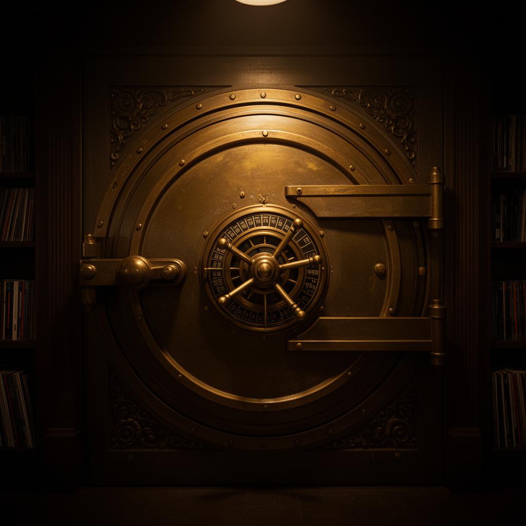 A heavy brass bank-vault door tucked beneath Warden's desk